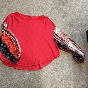 Free People Vibrant Red Top with Flowy, Patterned Sleeves